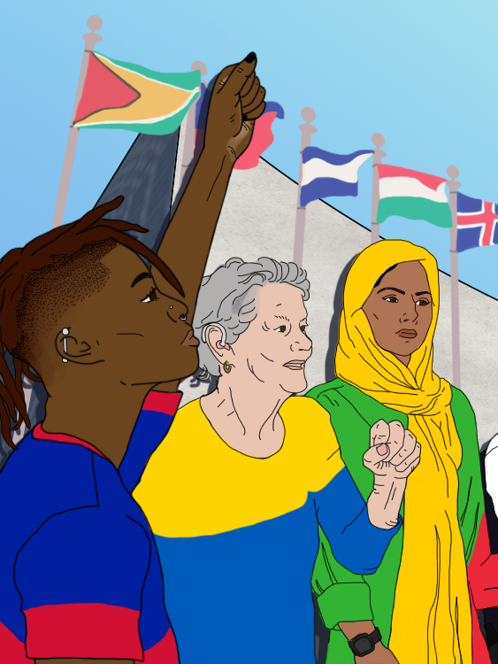 An illustration of a group of activists outside the United Nations
